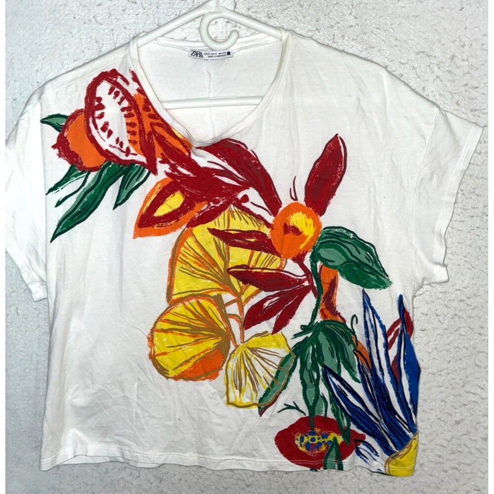 Zara 100% Cotton Womens sz S Boxy Oversized Cropped T-shirt Floral Print